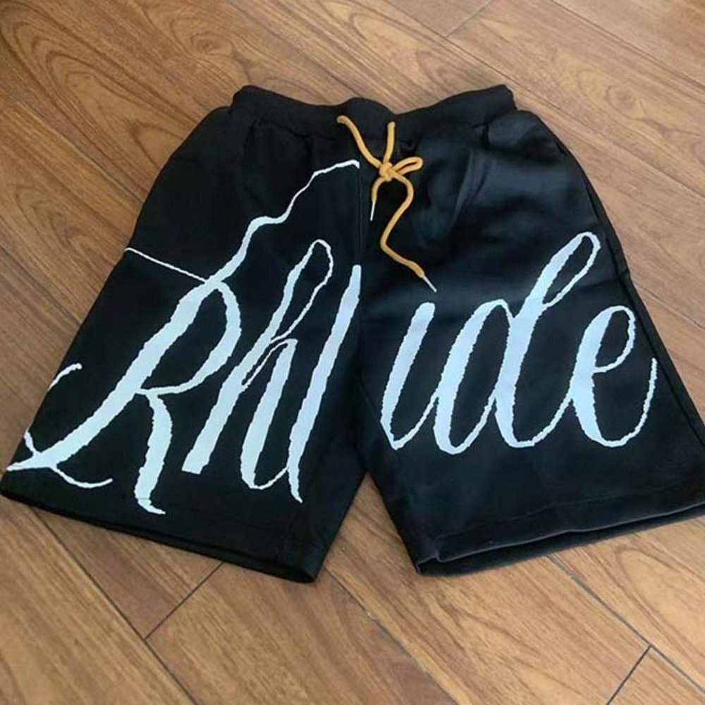 Rhude Classic Letter Logo Drawstring Black Shorts